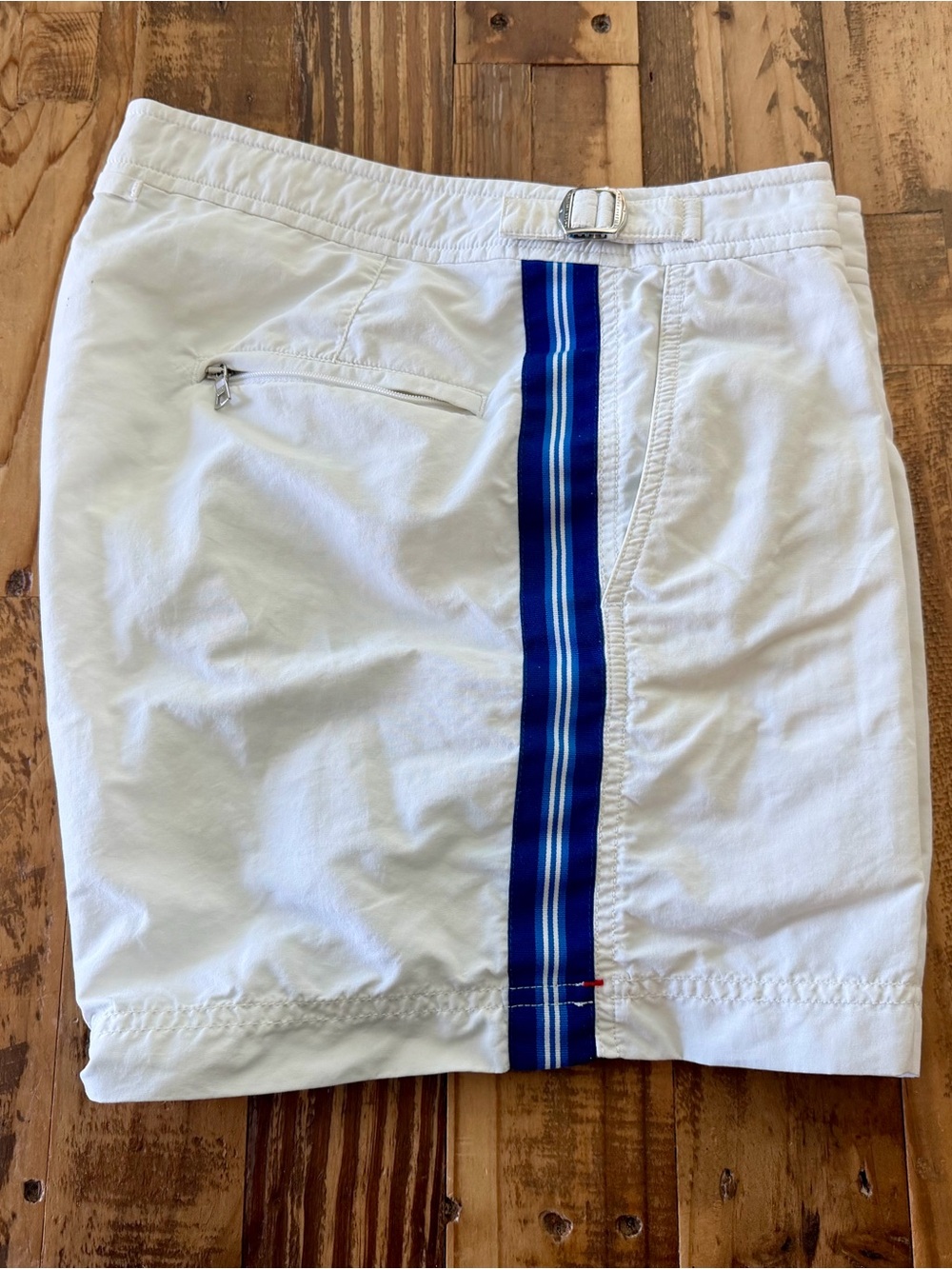 Orlebar Brown White Swim Trunks with Blue Stripe